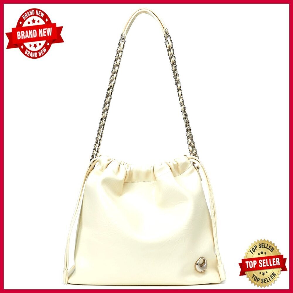 Leather Tote Bag with Chain Strap, Drawstring Closure, Work Purse